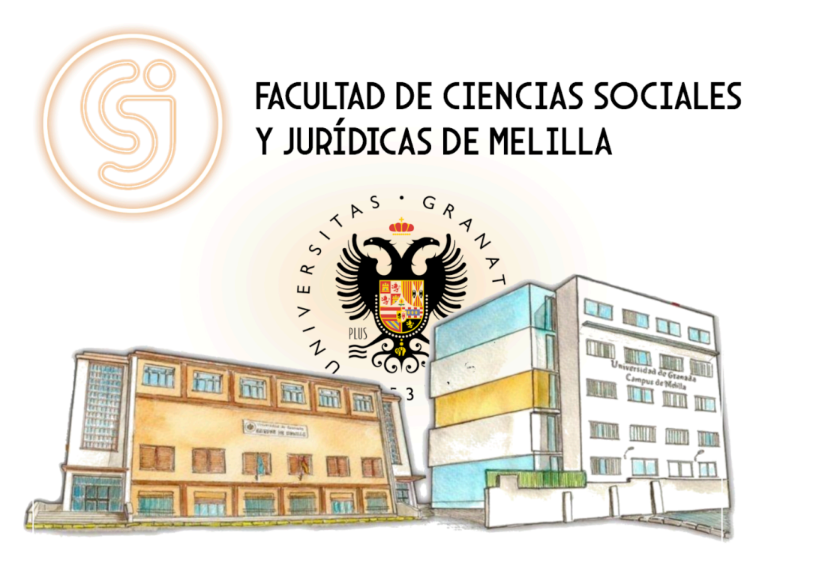 imagen con logotipo y rótulo de la Facultad de Ciencias Sociales y Jurídicas de Melilla y un dibujo del edificio 