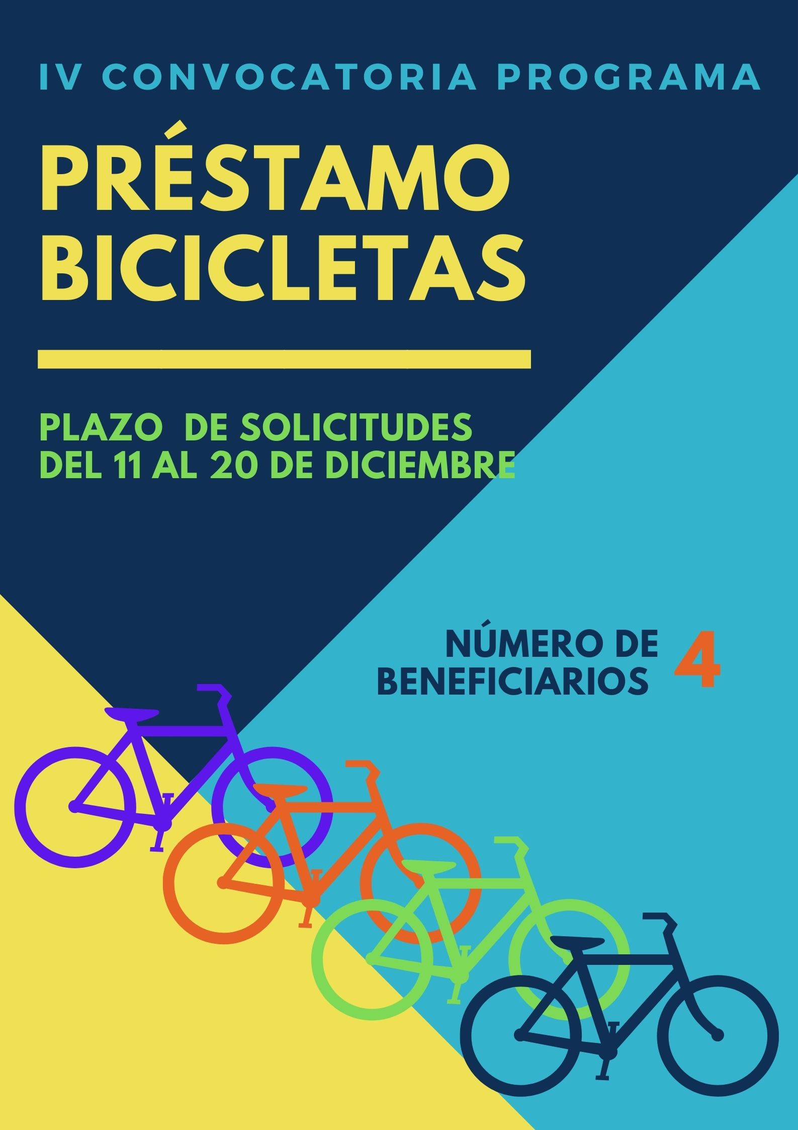 Cartel azul y amarillo donde aparece "IV Convocatoria Programa Préstamo bicicletas plazo de solicitudes del 11 al 20 de diciembre número de beneficiarios 4" con letras de colores y unos dibujos de bicicleta de colores