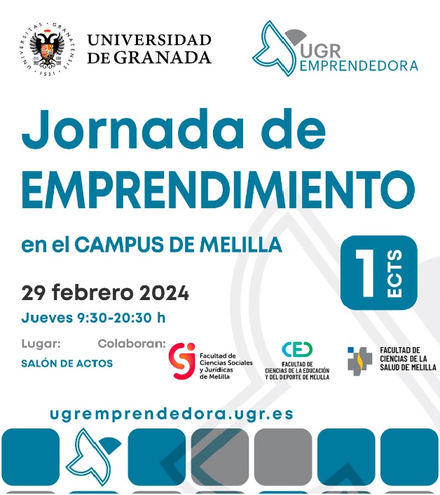 Cartel Jornada de Emprendimiento en el Campus de Melilla con la fecha e información del lugar y colaboradores