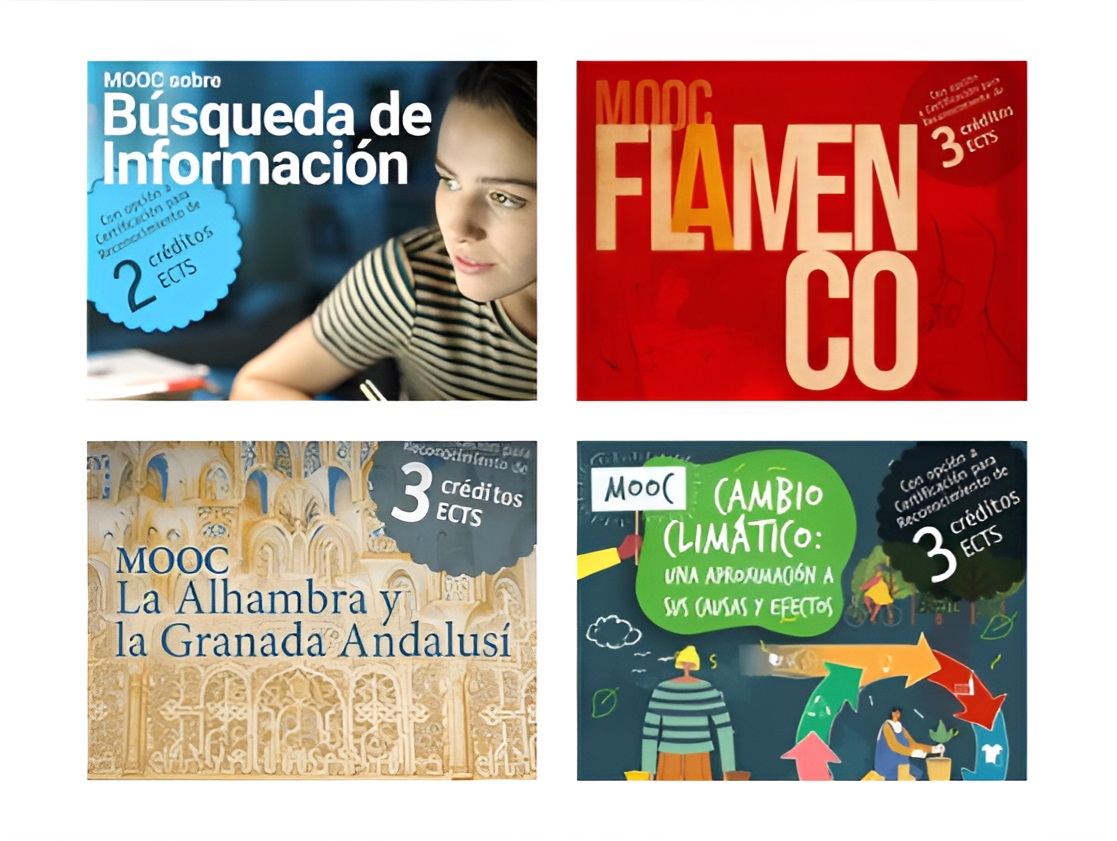 Los carteles de los cuatro cursos MOOC: Búsqueda de información, Flamenco, La Alhambra y el Granada Andalusí y Cambio Climático