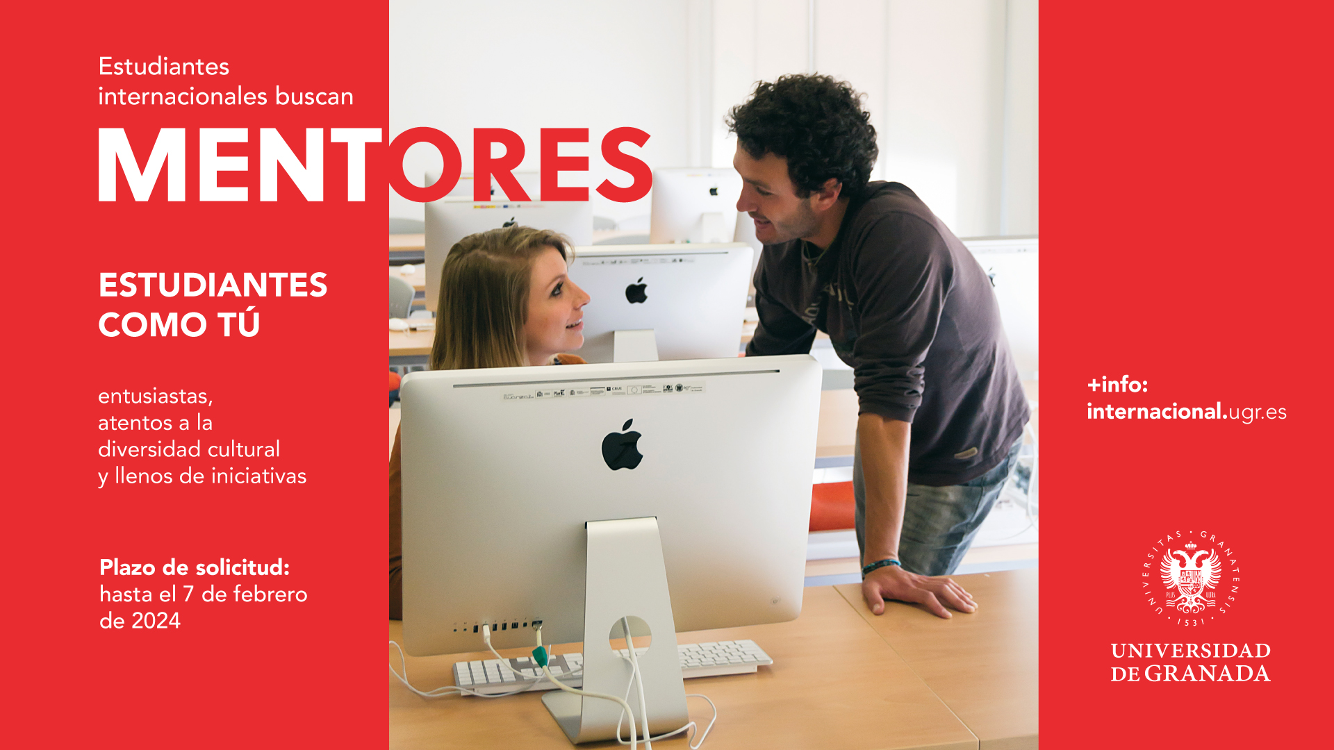 Cartel informativo Estudiantes internacionales buscan mentores con el enlace de más información