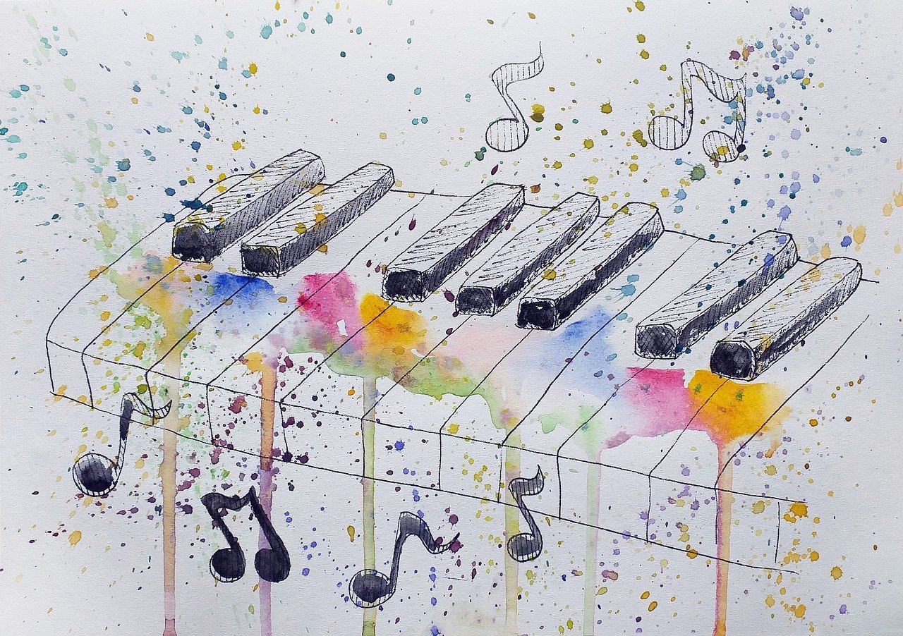 Imagen de un teclado de piano dibujado con notas musicales alrededor dibujadas