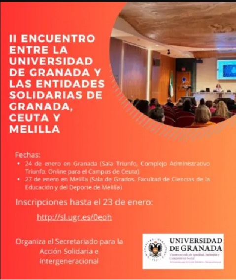 Cartel con fechas e información del II Encuentro entre la Universidad de Granada y las Entidades Solidarias de Granada, Ceuta y Melilla