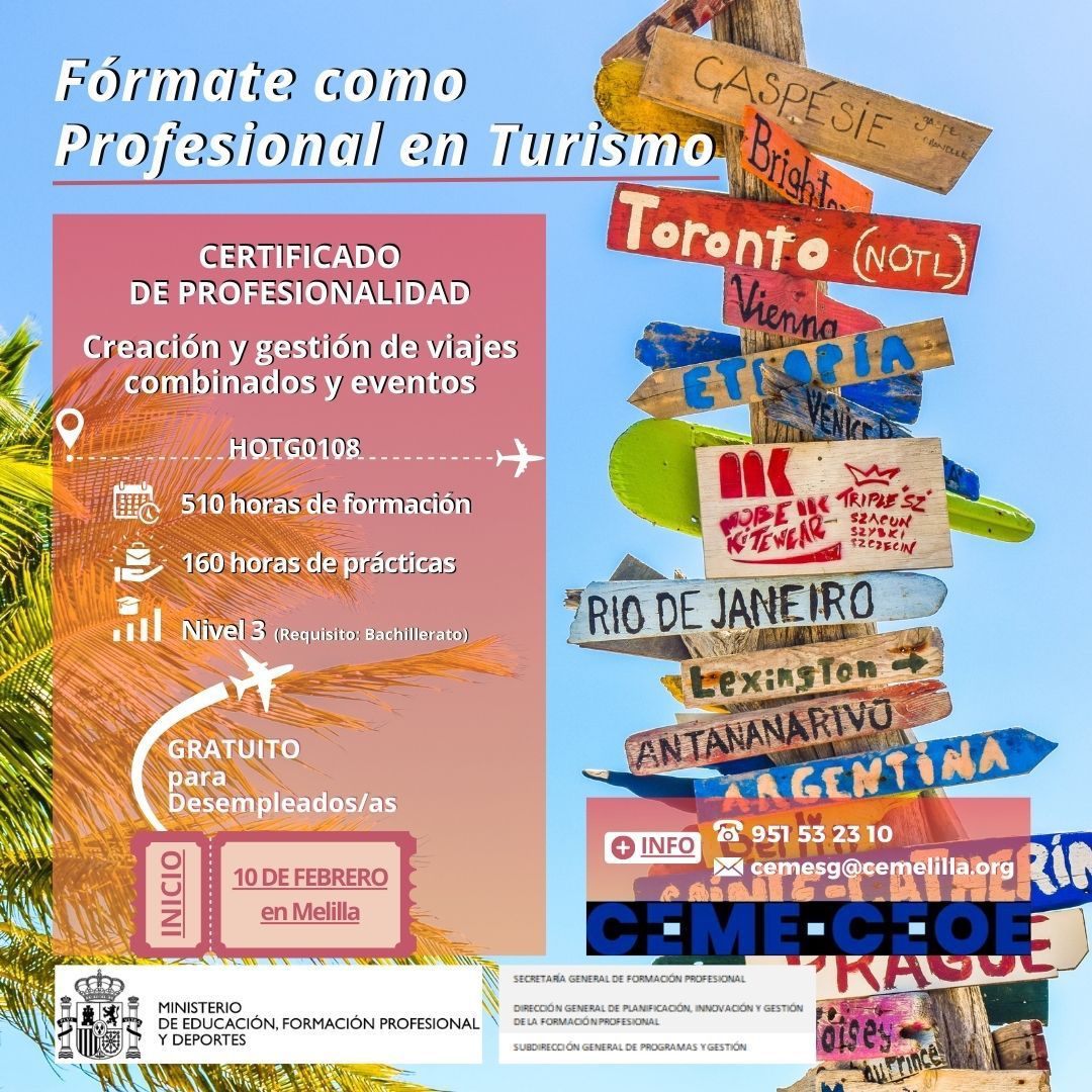 Cartel con la información del certificado de profesionalidad en turismo