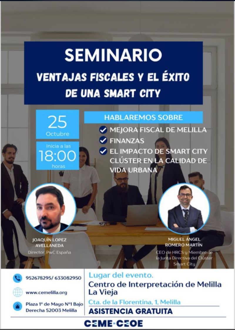Seminario ventajas fiscales y el éxito de una Smart City de fondo un grupo de personas reunidos alrededor de una mesa con la información del seminario