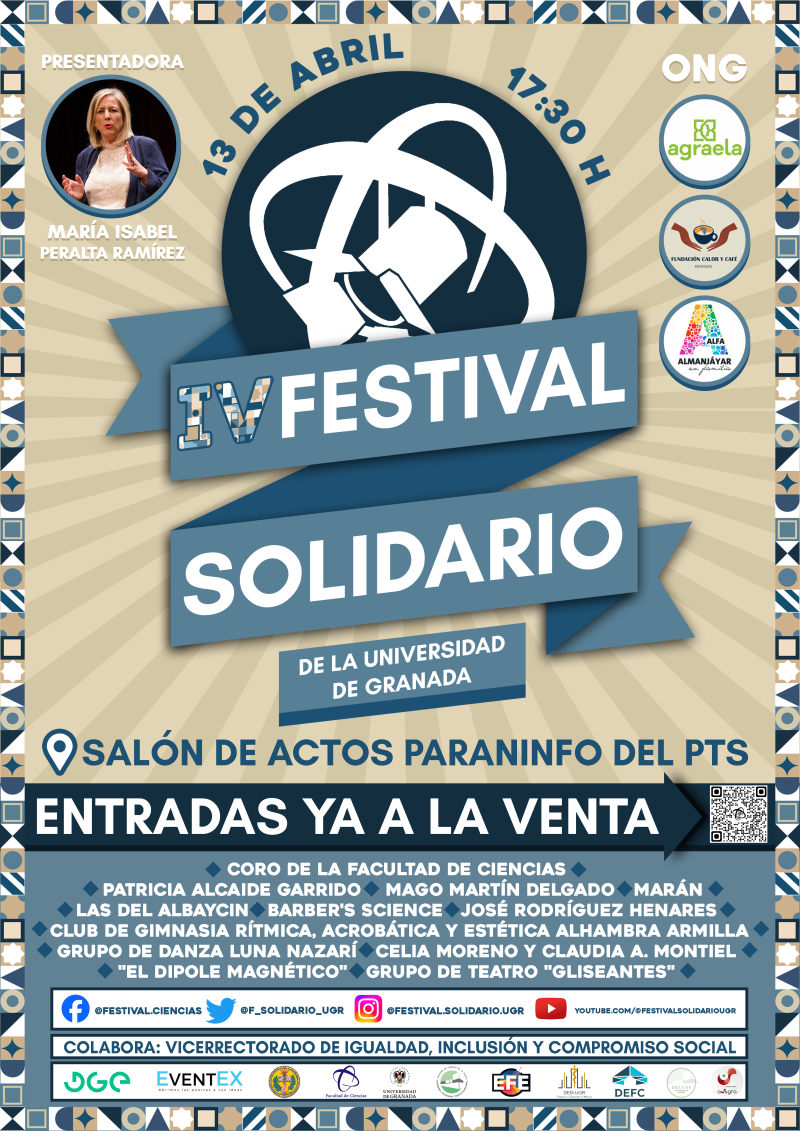 IV Festival Solidario de la UGR Cartel del IV Festival Solidario con la información del día y hora, lugar, las ONG, los colaboradores y la compra de entradas