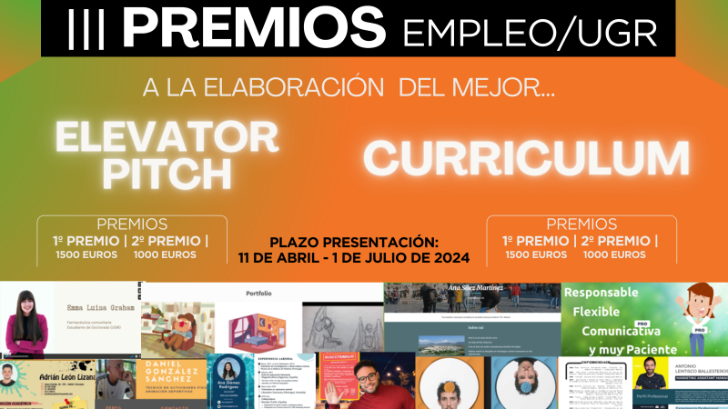Premios a la elaboración del mejor currículum y el mejor elevator pitch Cartel de los premios información cantidad de dinero y plazo de presentación
