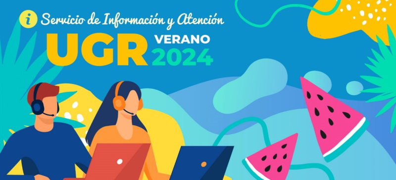 Servicio de Información y Atención UGR Verano 2024 Cartel con motivos veraniegos dos trabajadores con ordenador