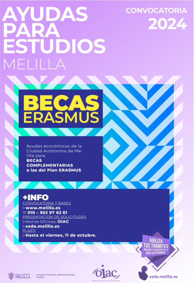 Becas complementarias a las del programa Erasmus: Abierto el plazo de solicitud Cartel con la información de las Ayudas para estudios en Melilla Becas Erasmus