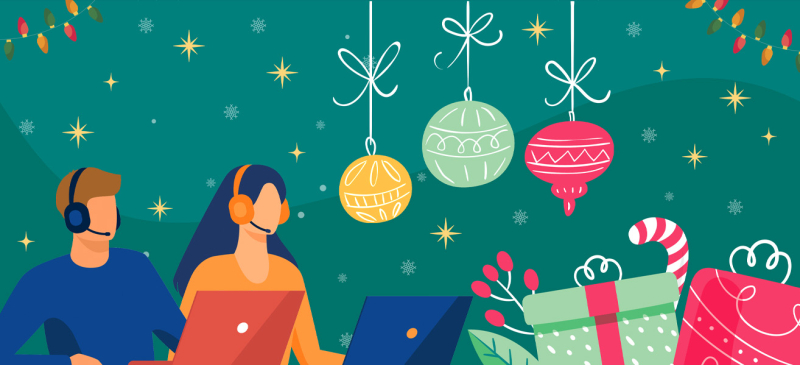 Servicio de Información y Atención Navidad 2024 Imagen con guirnaldas, estrellas y copos de nieve y el dibujo de un hombre y una mujer con cascos, micrófono y ordenador