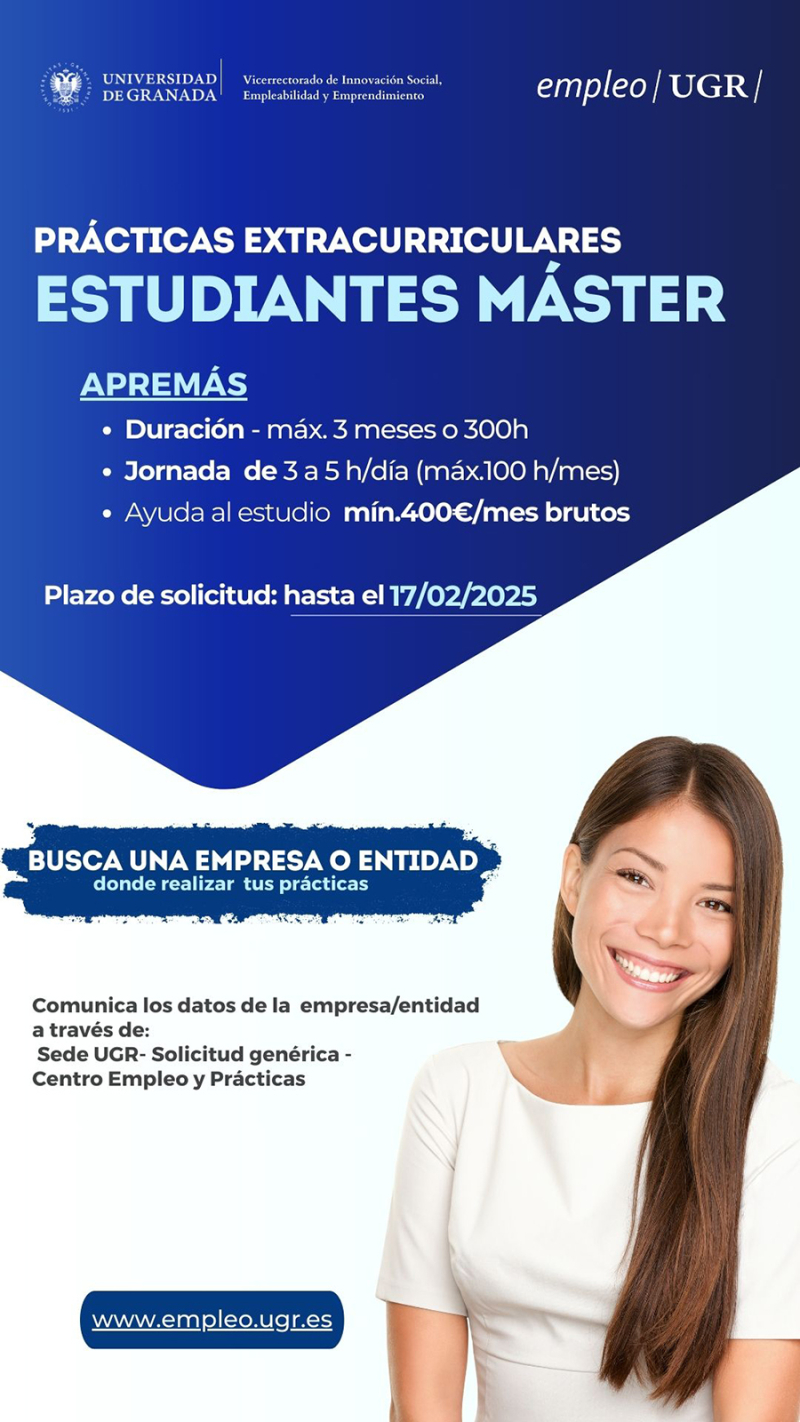 Apertura del plazo de solicitud de prácticas extracurriculares para estudiantes de Máster (APREMAS) Cartel con información de la apertura del plazo de solicitud de prácticas extracurriculares para estudiantes de Máster (APREMAS)