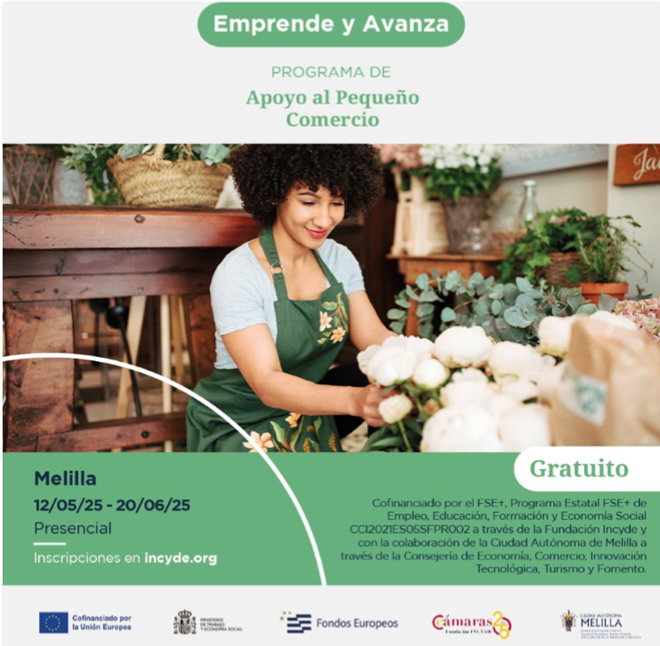 Cursos de INCYDE sobre emprendimiento e IA y apoyo al pequeño comercio cartel con la información del programa de apoyo al pequeño comercio
